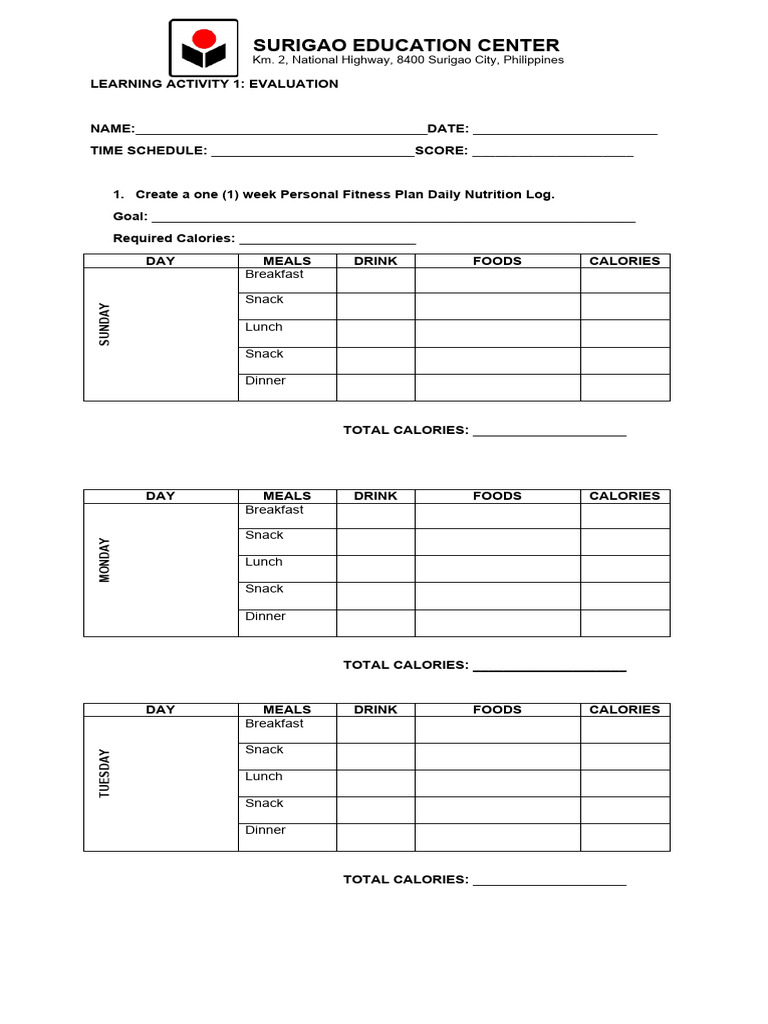 Weekly Nutrition Log Template | PDF | Meal | Lunch