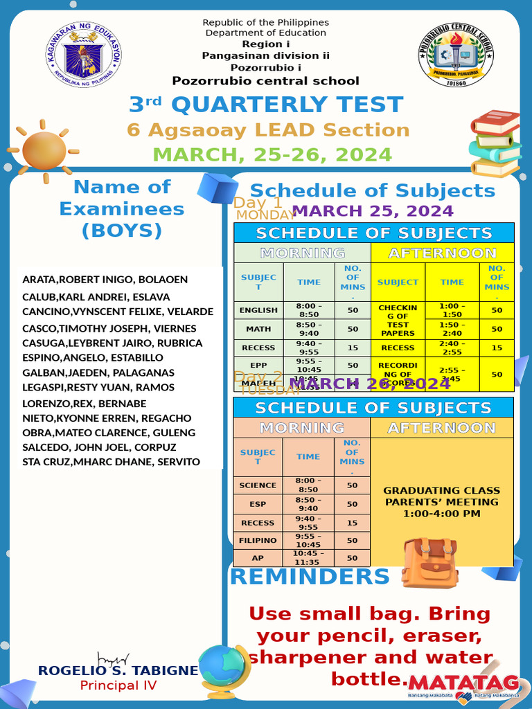 3rd Quarter Exam Schedule 2024 | PDF