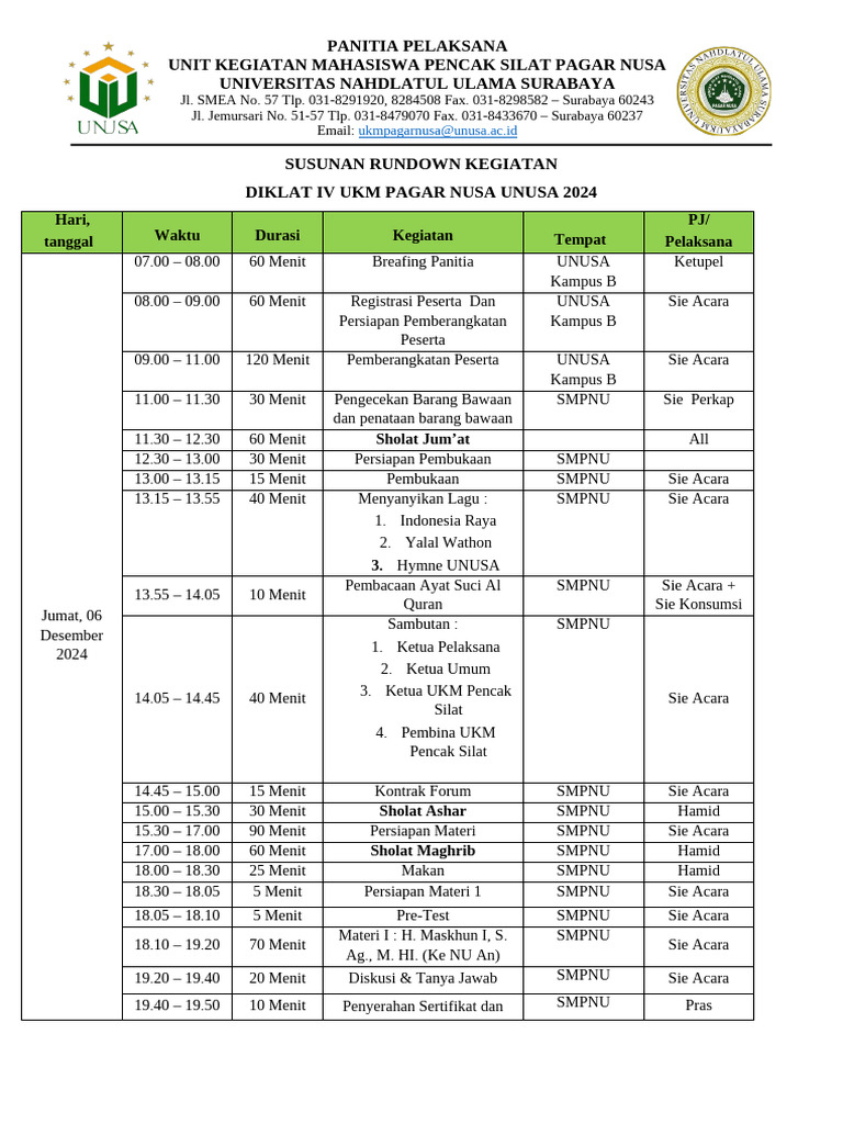 Susunan Rundown Kegiatan Diklat Iv Ukm Pagar Nusa 2024 | PDF