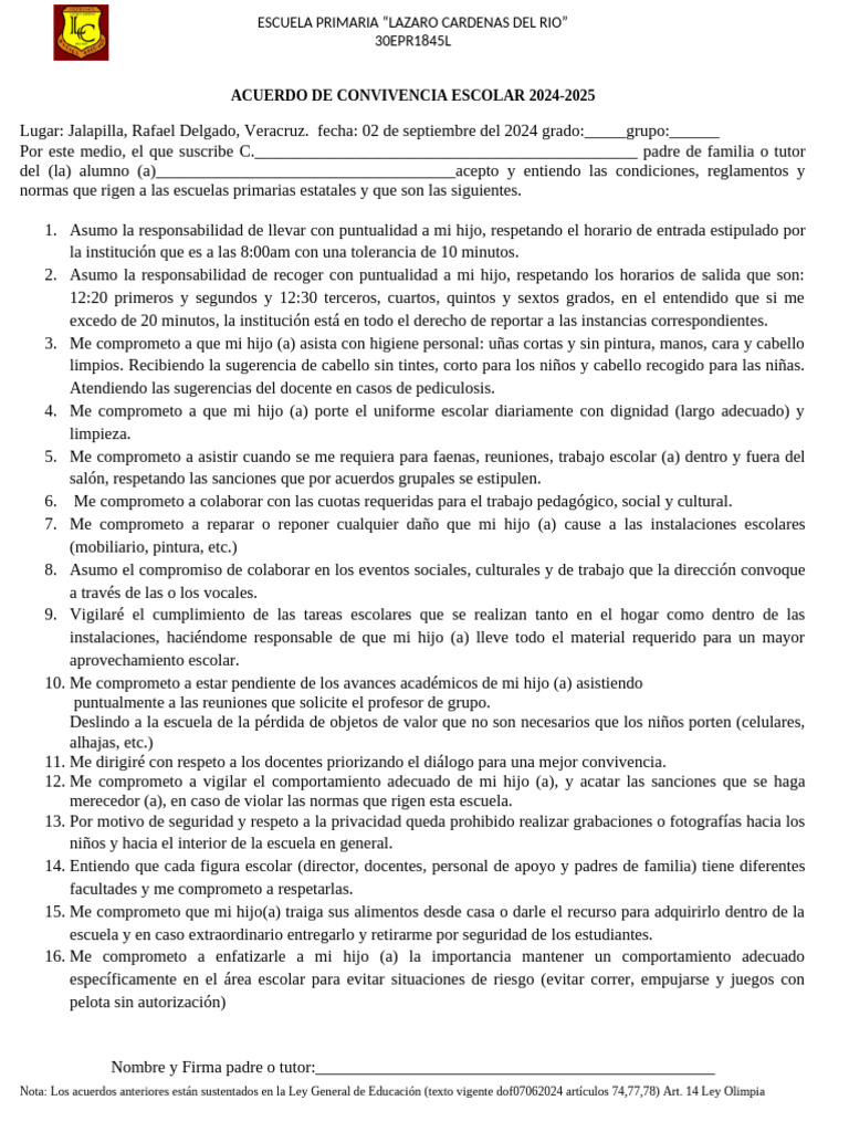 Acuerdo de Convivencia 2024 - 2025 | PDF | Escuelas