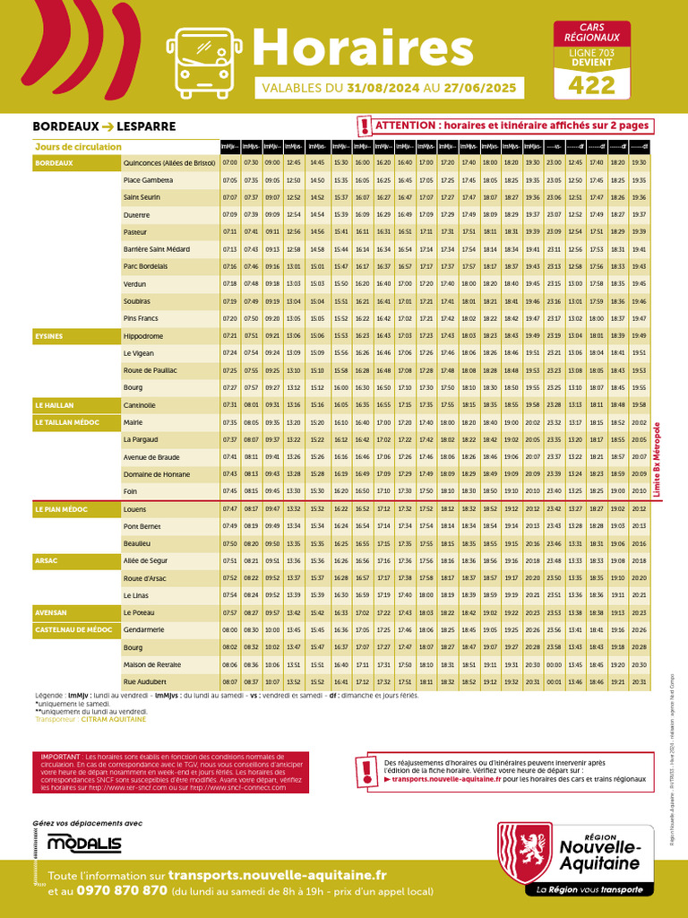 Horaires Bus 422 Lesparre-Bordeaux 2025 | PDF