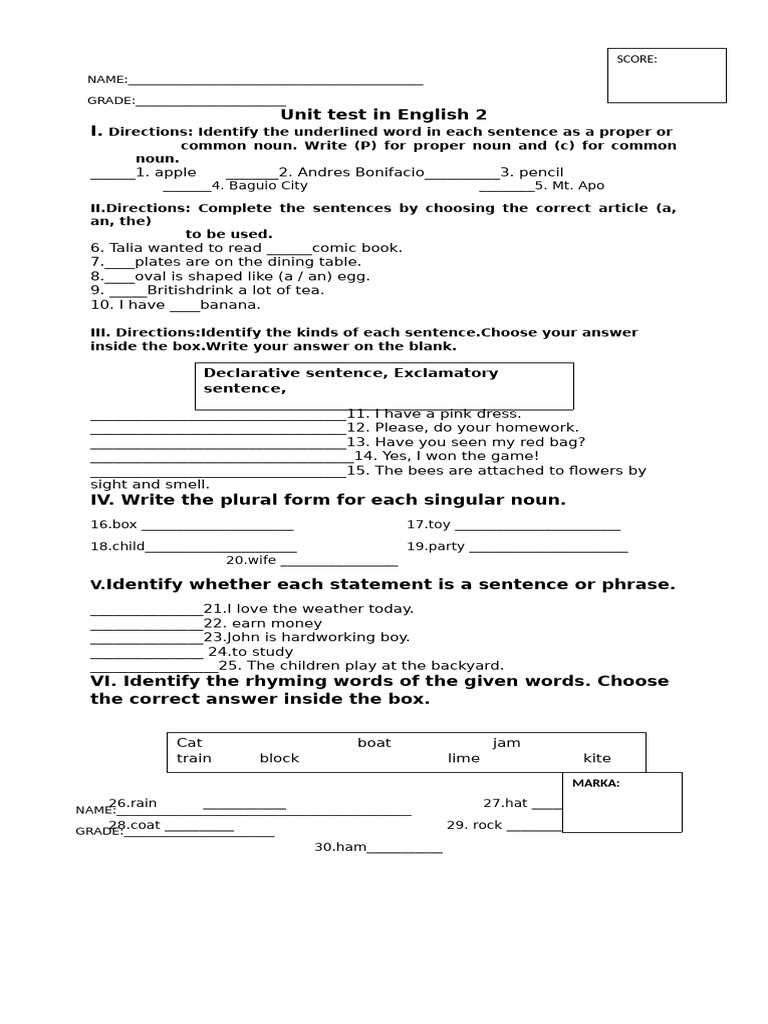 UNIT TEST IN ENGLISH 2 Fil 2 | PDF