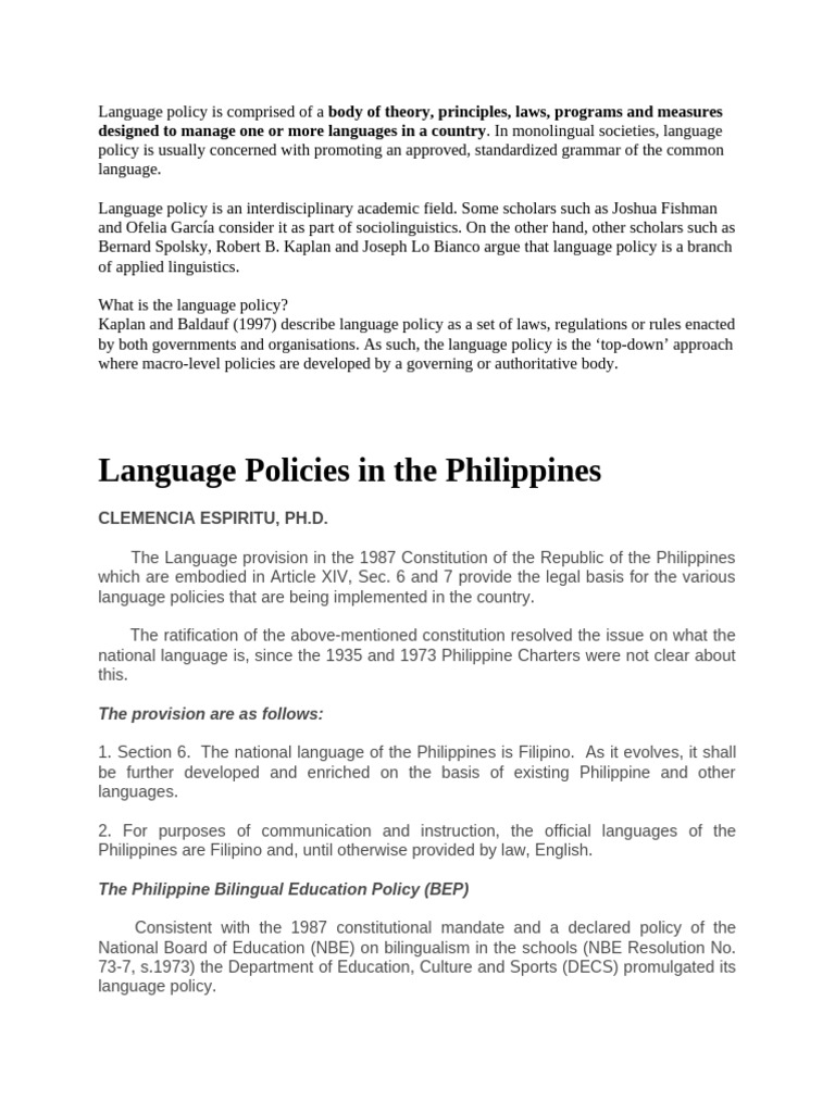 Language Policy and Bilingual Education in the Philippines | PDF ...