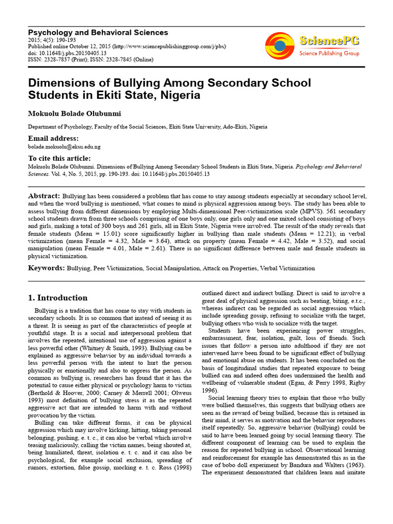 Dimensions of Bullying Among Secondary School | PDF | Bullying | Social ...