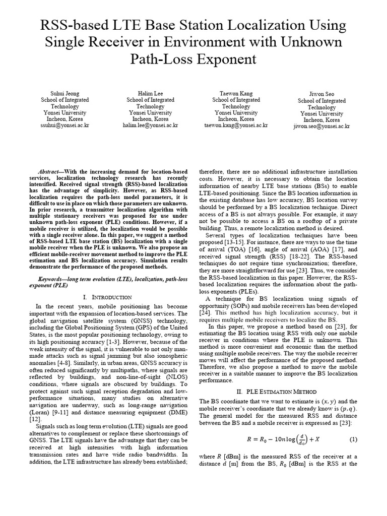 RSS-based LTE Base Station Localization Using Single Receiver in ...