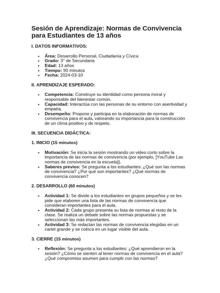 Sesión de Aprendizaje.1 NORMAS DE CONVIVENCIA | PDF | Salón de clases ...