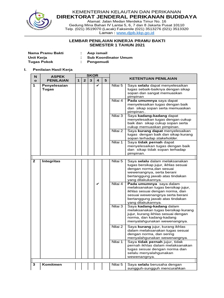 Penilaian Kinerja Pramu Bakti 2021 Pdf