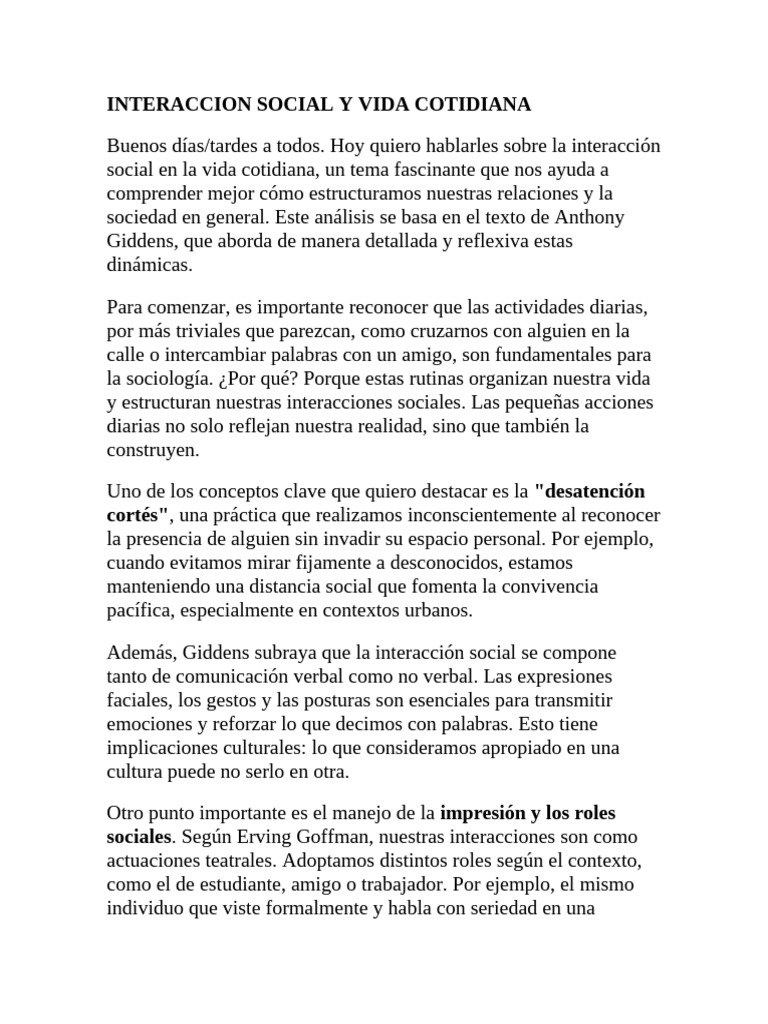 Interacción Social en la Cotidianidad | PDF | Sociología | Ciencias del ...
