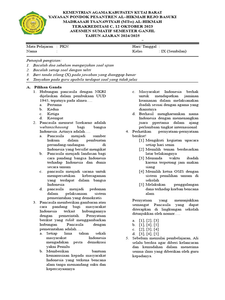 Ujian PKN Kelas IX Al-Hikmah 2023 | PDF