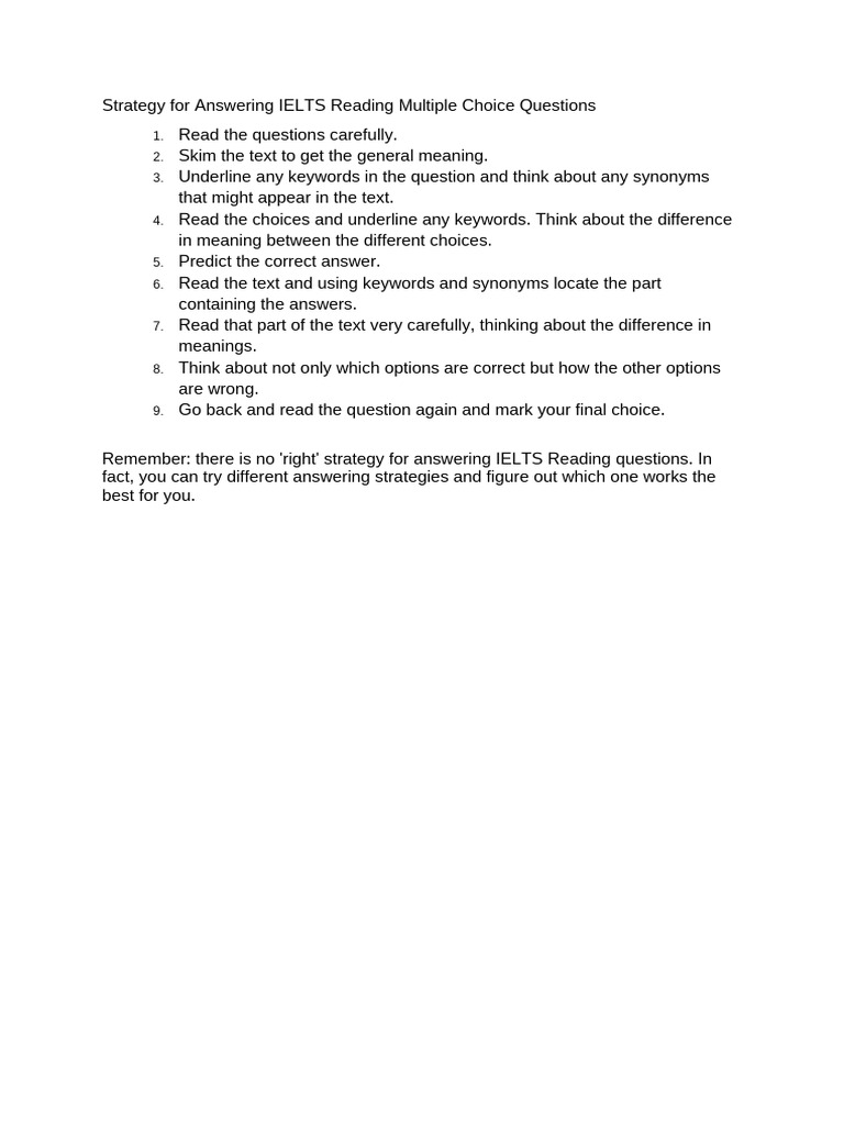 Strategy For Answering IELTS Reading Multiple Choice Questions | PDF