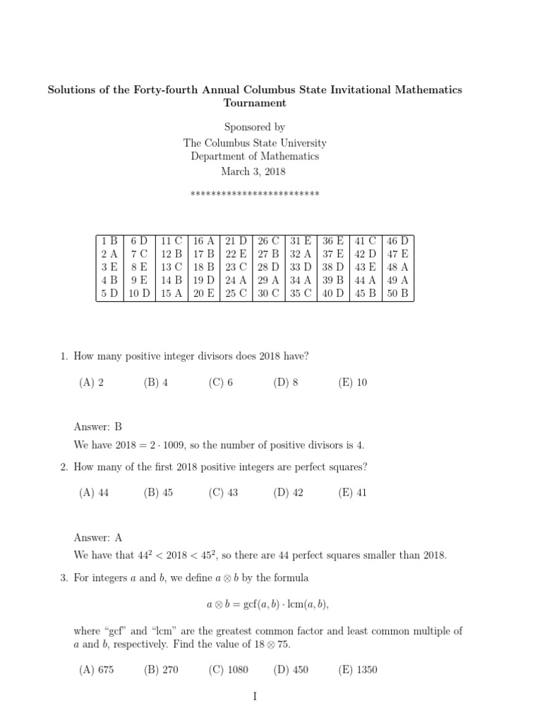 2018 MathTournament2018Solutions | PDF | Sphere | Square Root