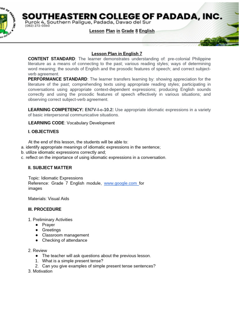 Grade 7 Lesson Plan: Idiomatic Expressions | PDF | Idiom | English Language