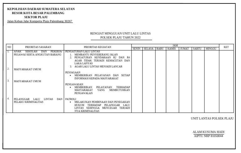 Rengiat Mingguan Lalu Lintas Polsek Plaju | PDF