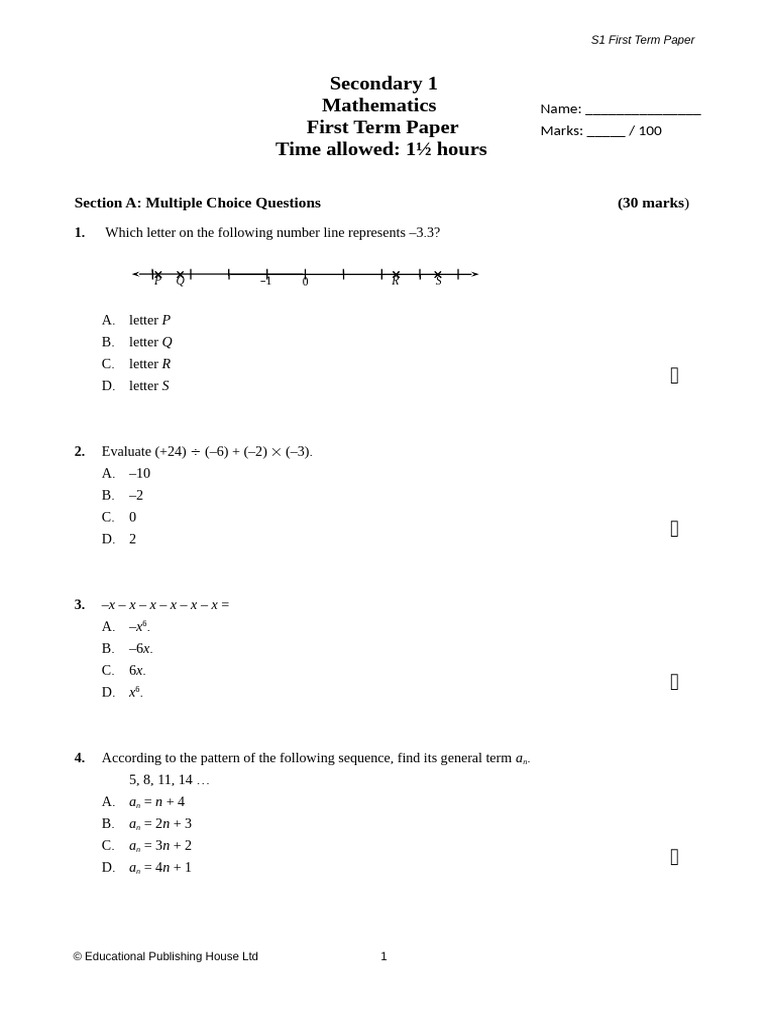 S1 Mathematics First Term Paper | PDF | Mathematics