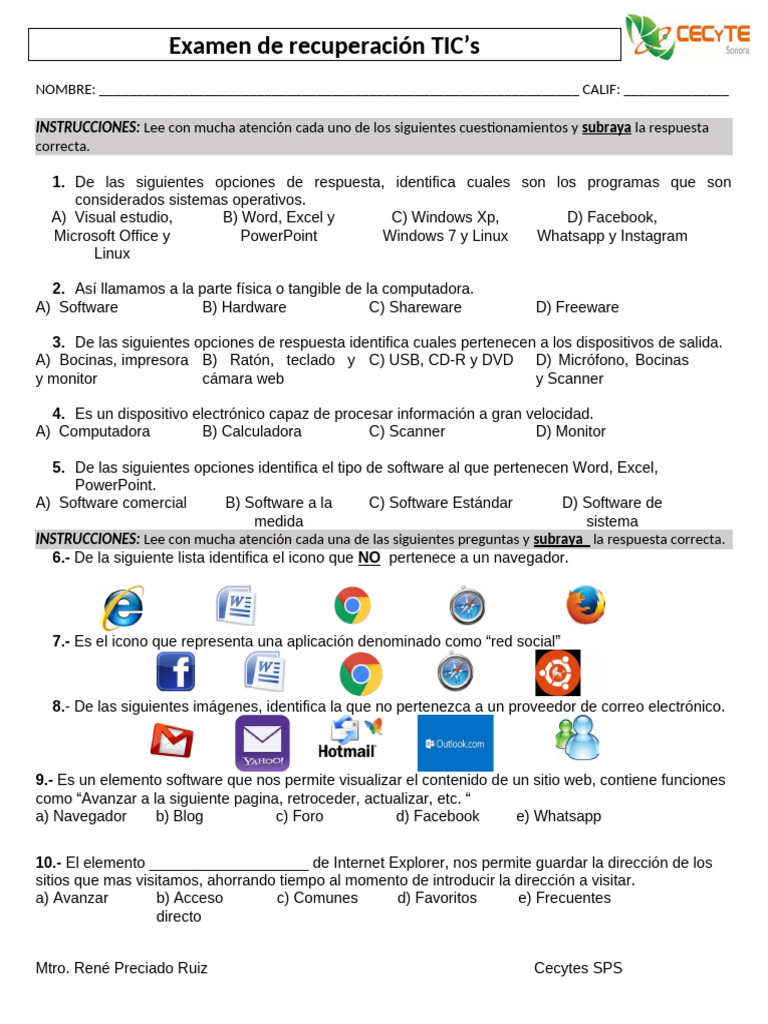Examen Recuperacion Tics Cecytes Tres Parciales Pdf Hardware De La