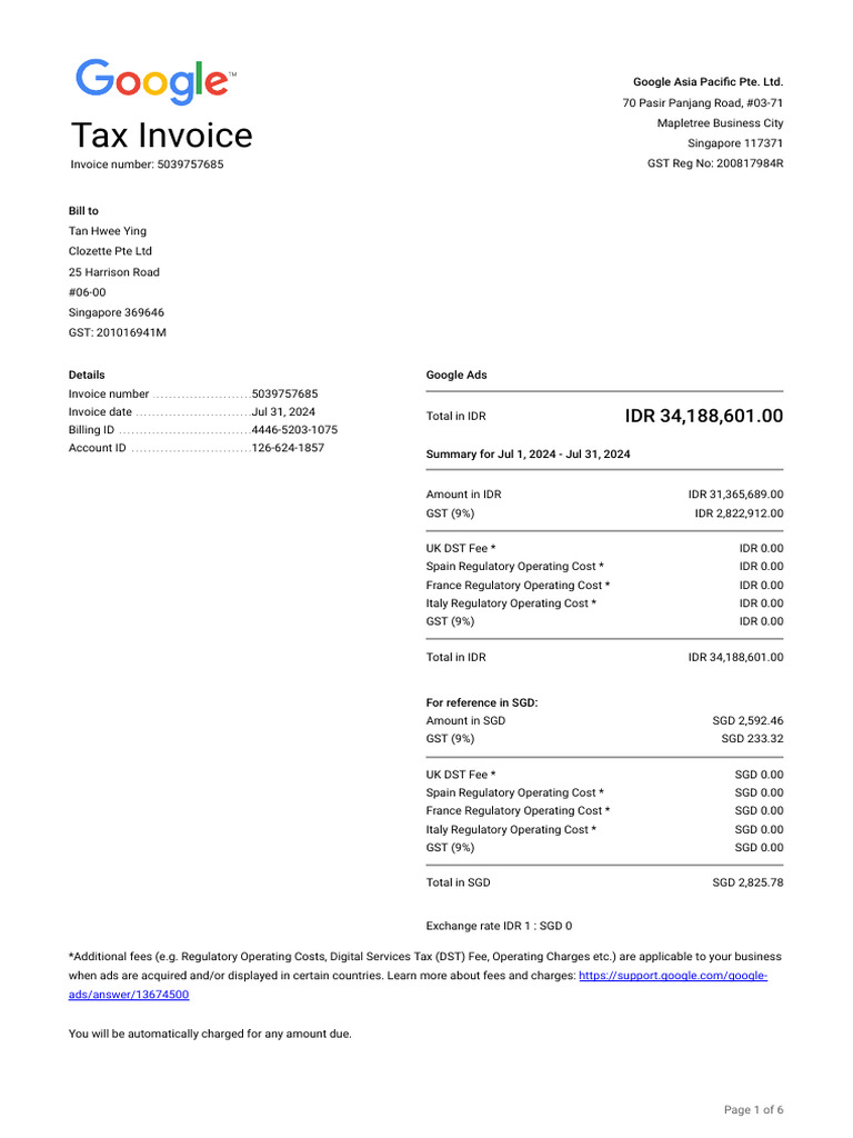 Tax Invoice: Google Asia Pacific Pte. LTD | PDF | Value Added Tax | Invoice