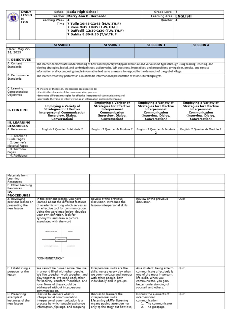 DLL Week 4 English7 Q4 1 | PDF | Communication | Nonverbal Communication