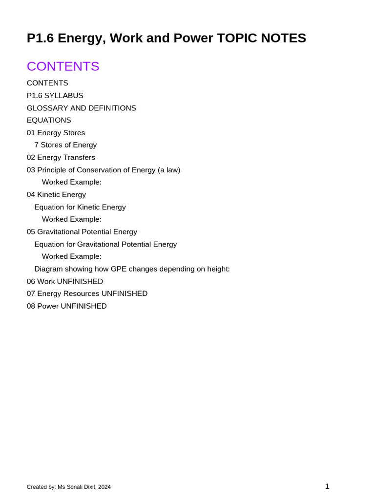 p1.6 Energy Topic Notes (2025+) | PDF | Potential Energy | Kinetic Energy
