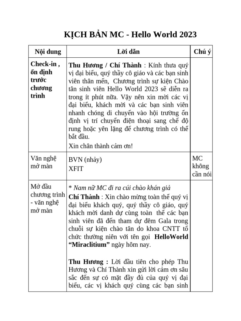 Kịch Bản Mc - Hello World 2023 | PDF