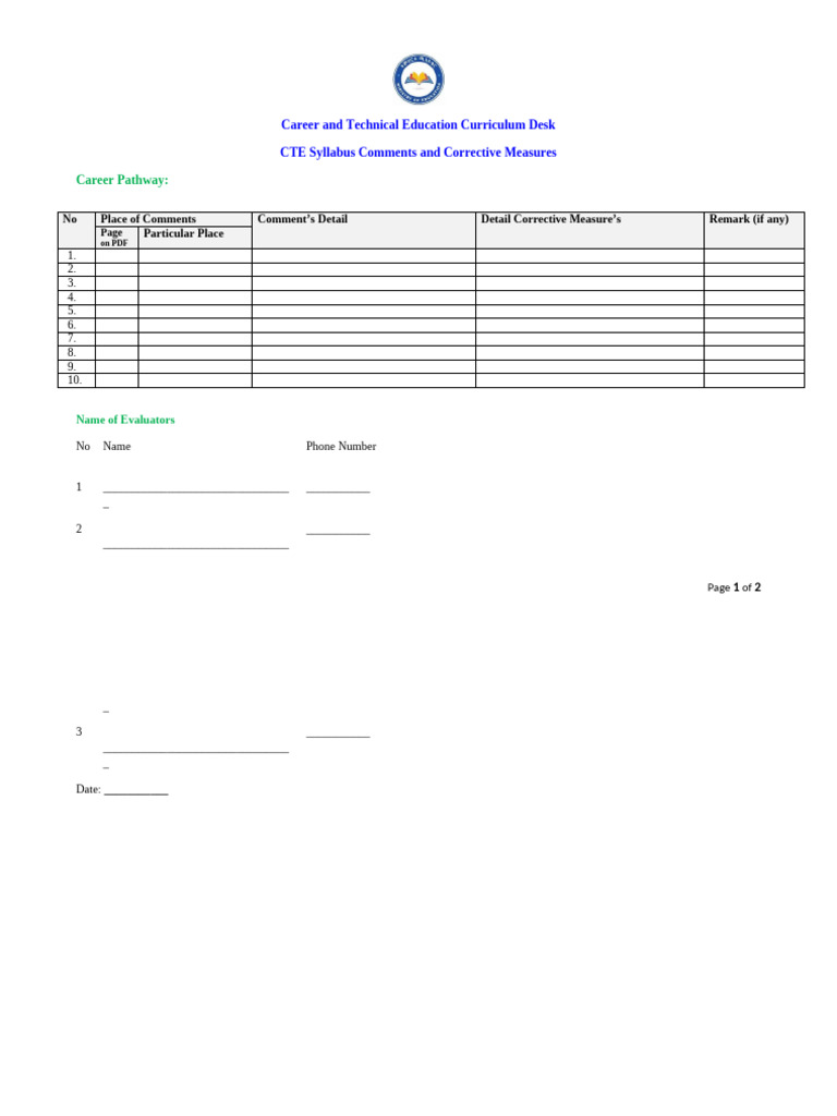 2 CTE Syllabus Comment Writing Form 3 Sep 24 | PDF