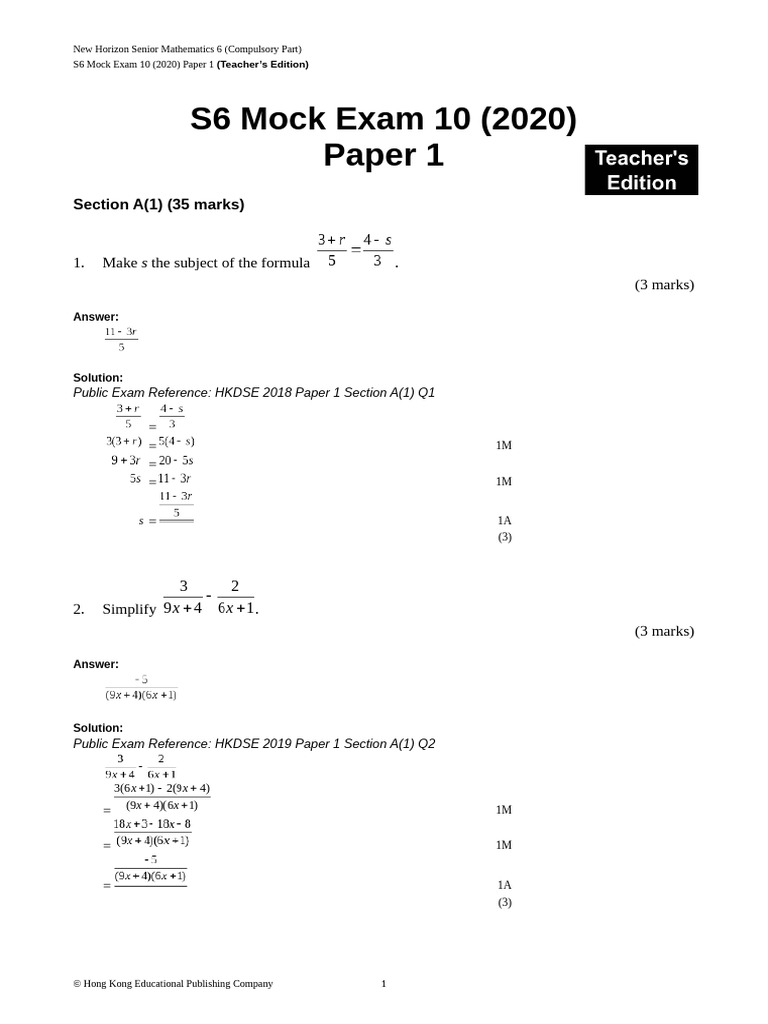 S6 Mathematics Mock Exam 2020 Paper 1 | PDF | Sphere | Circle