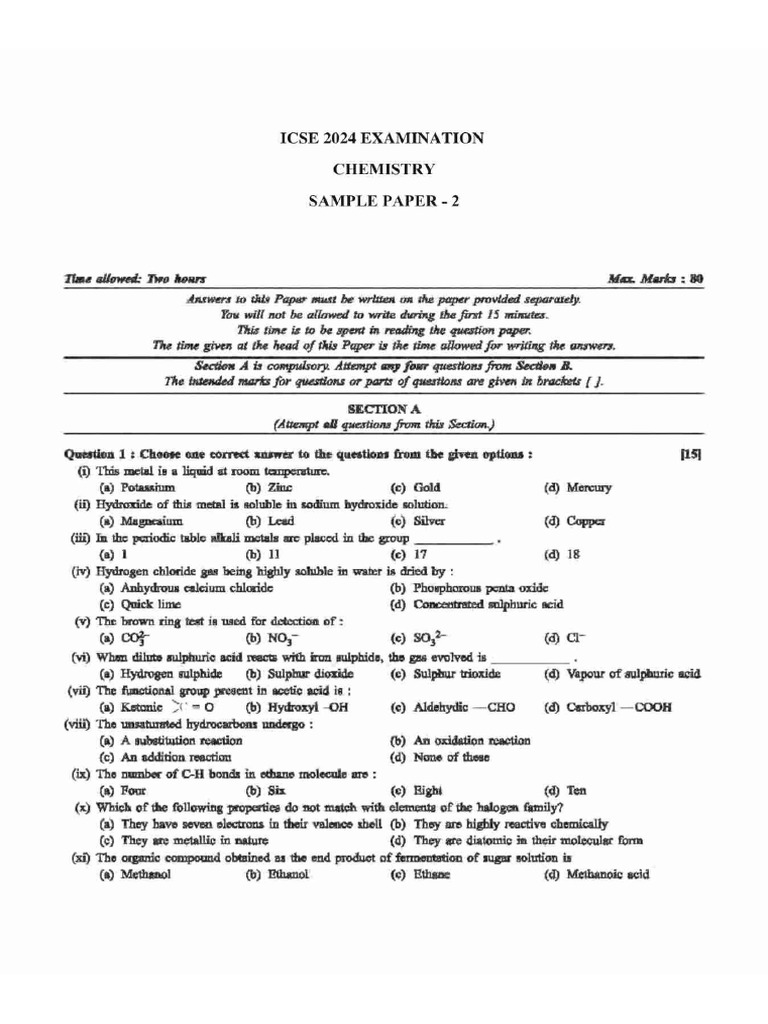 X Icse Chemistry - Sample Paper 2 - 2024 | PDF