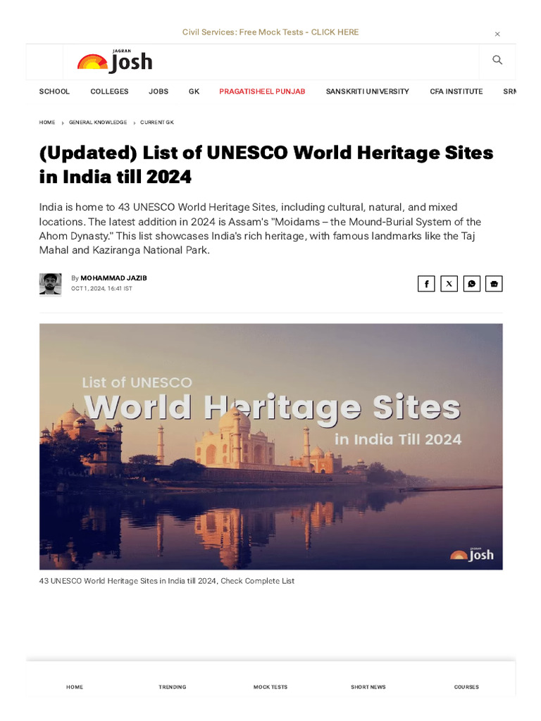 43 UNESCO World Heritage Sites in India Till 2024, Check Complete List ...