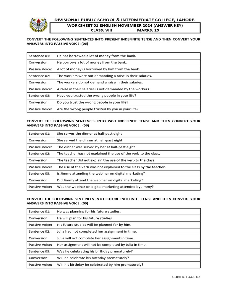 English - Class Viii - Worksheet 01 (Answer Key) | PDF | Verb ...