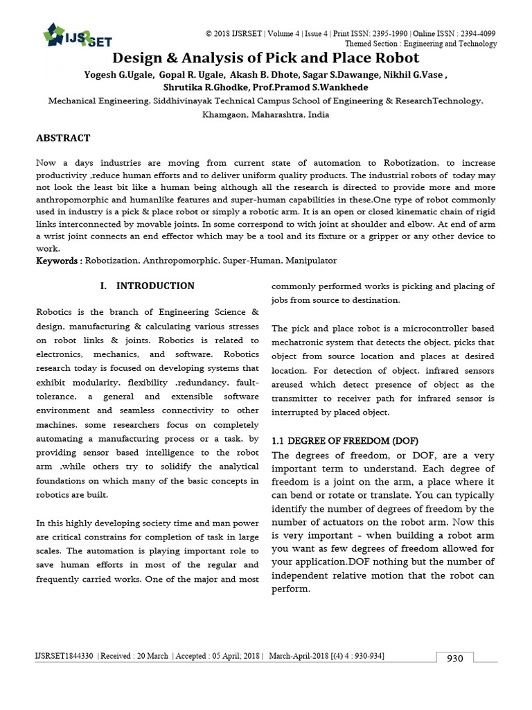 Design and Analysis of Pick and Place Ro | PDF | Robot | Robotics