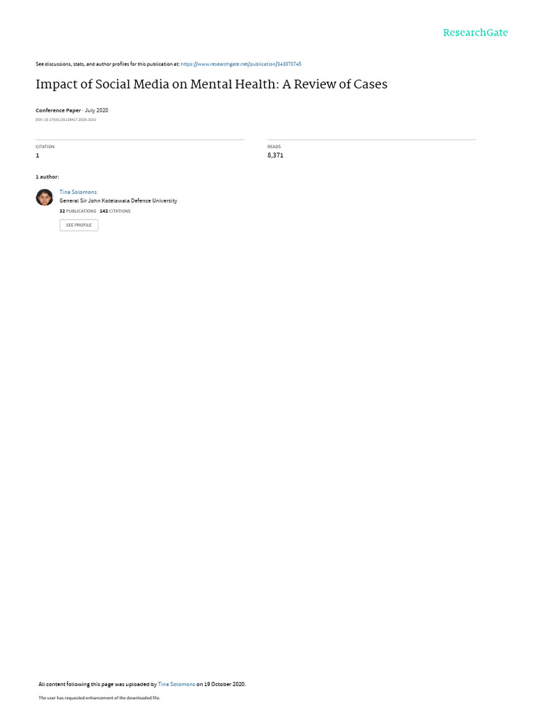 Impact of Social Media On Mental Health A Review o | PDF | Major ...