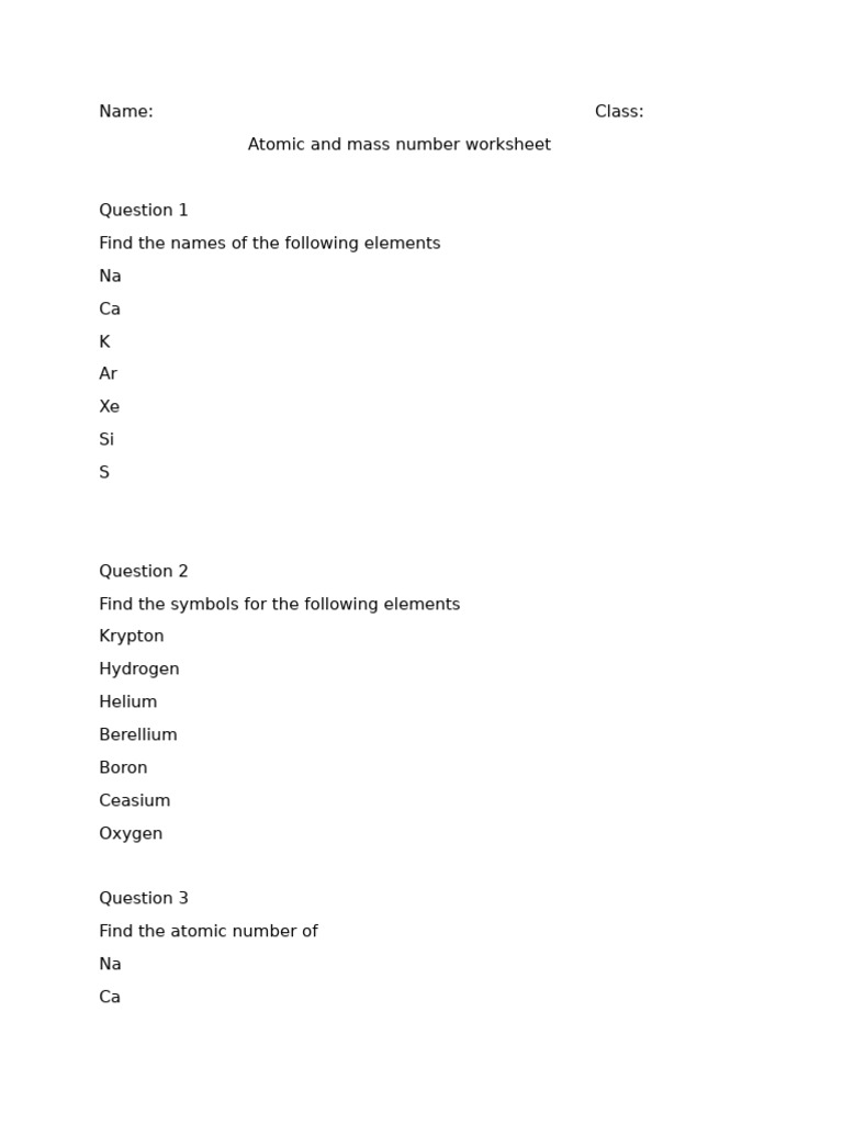 Atomic and Mass Number Worksheet | PDF | Chemical Elements | Ion