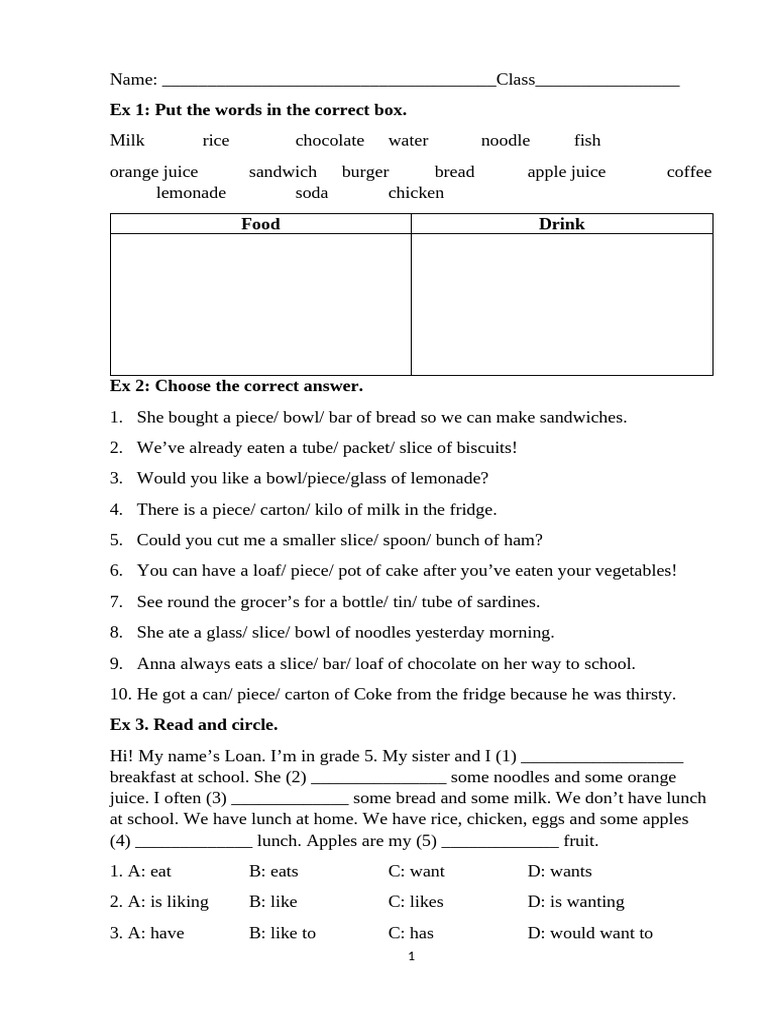 Food and Drink Vocabulary Exercises | PDF | Lunch | Foods