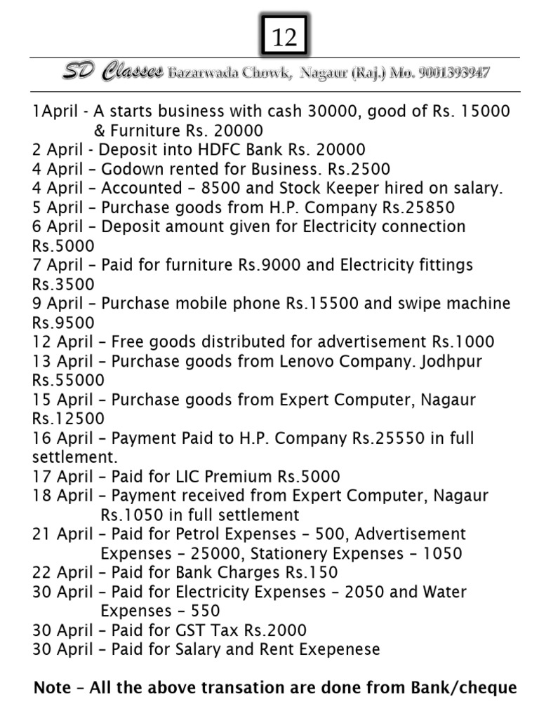 Note - All The Above Transation Are Done From Bank/cheque | PDF