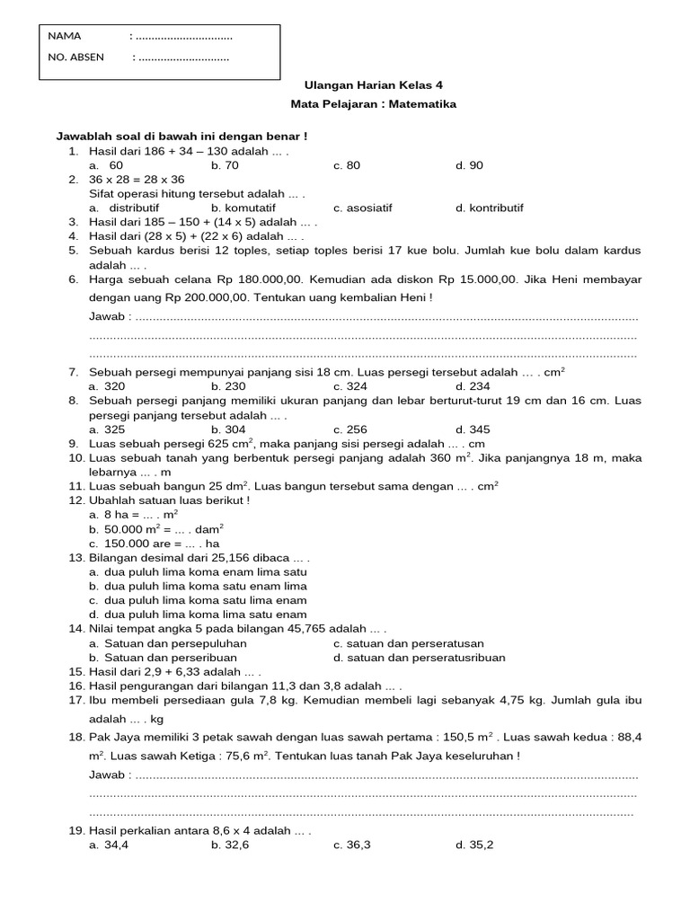 Ulangan Harian Matematika Kelas 4 | PDF