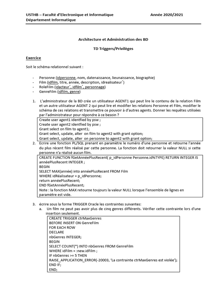 Gestion des Triggers et Privilèges BD | PDF | SQL | Bases de données