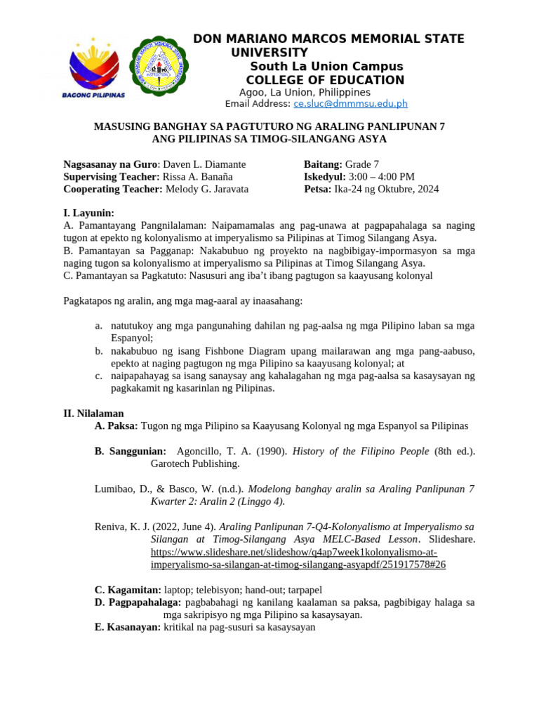 LessonPlan Tugon NG Mga Pilipino Sa Espanyol | PDF