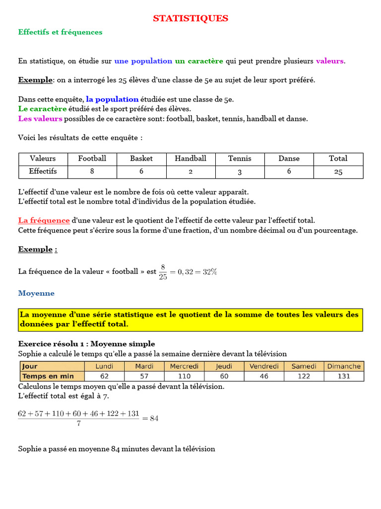 Statistiques : Effectifs et Moyennes | PDF