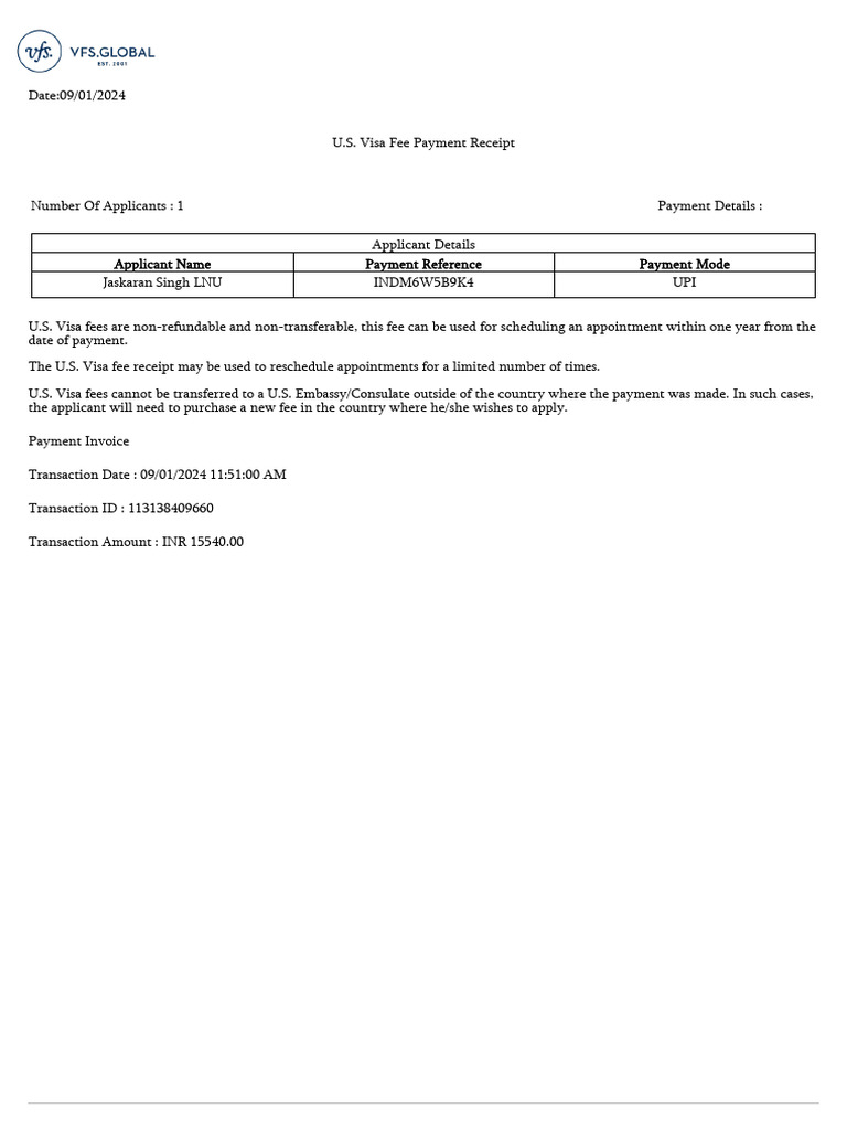 U.S. Visa Fee Payment Receipt Details | PDF