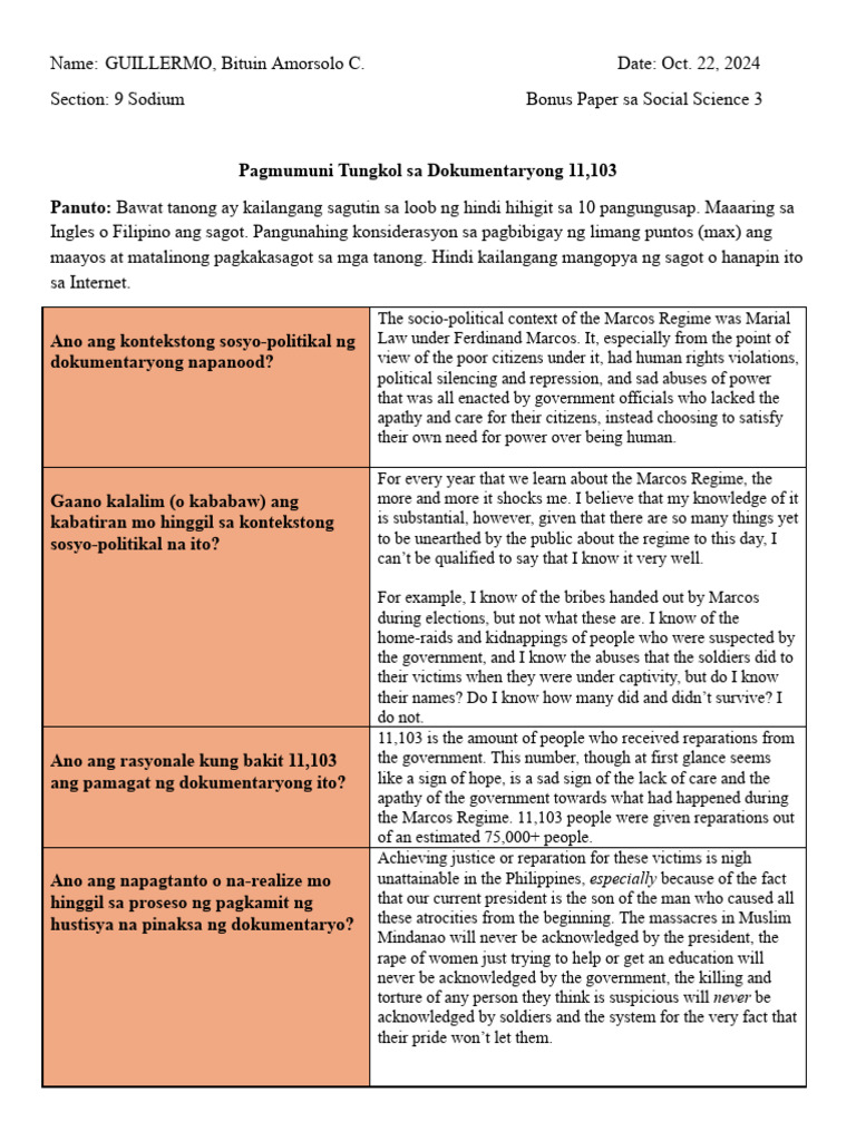 GUILLERMO - Q1B1 (Reflection Paper On Documentary) | PDF | Human Rights