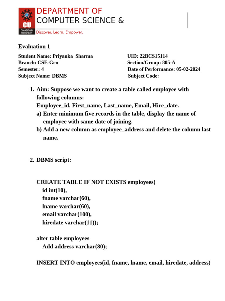 DBMS Employee Table Evaluation Report | PDF