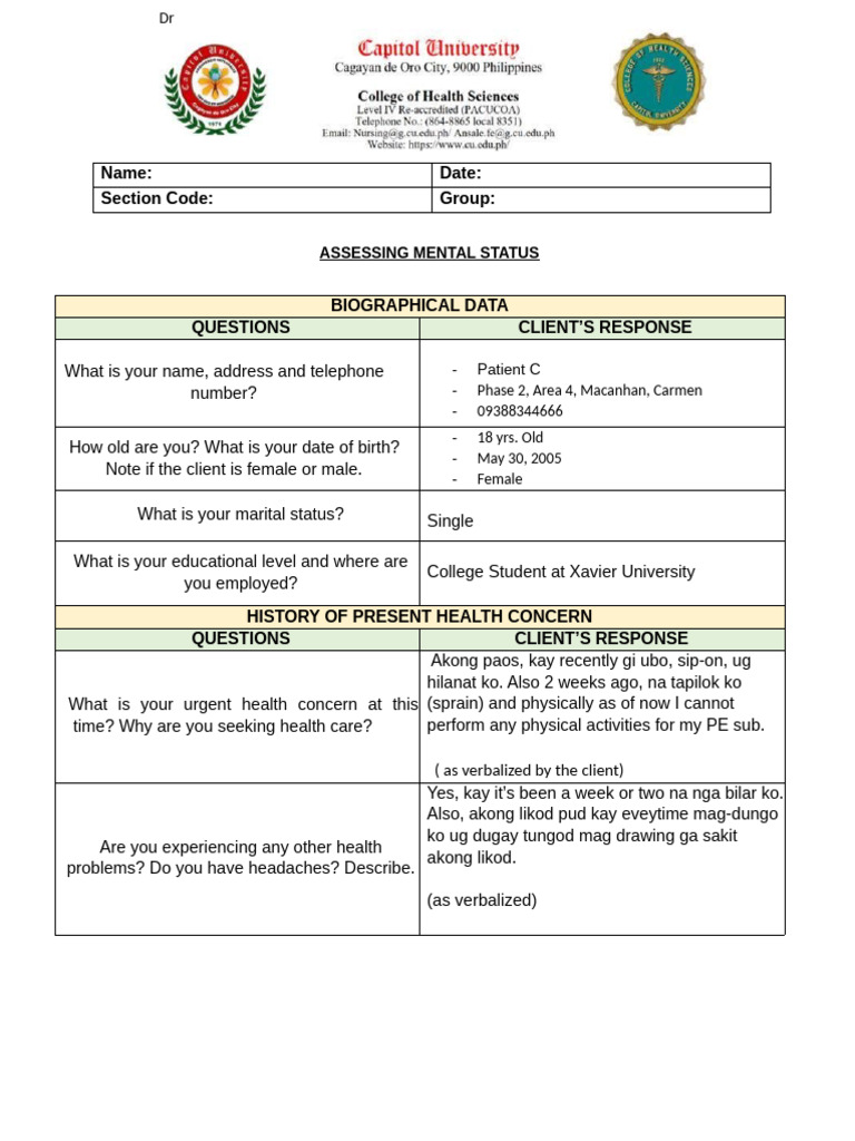 Mental Status Assessment of Patient C | PDF | Thought | Feeling