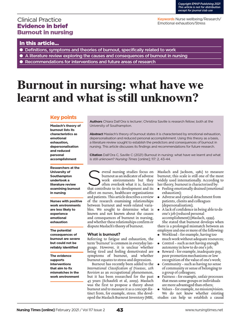 Burnout in Nursing What Have We Learnt and What Is Still Unknown | PDF ...