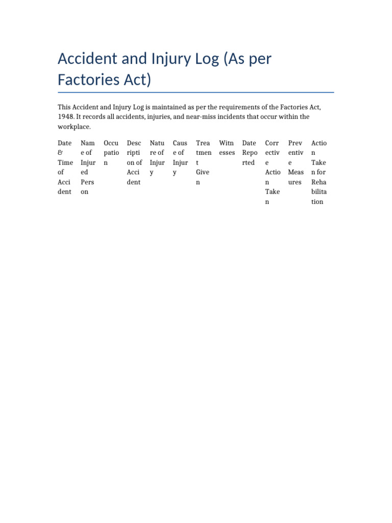 Accident and injury log template pdf