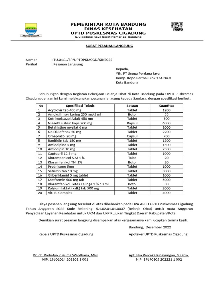 Pesanan Obat UPTD Puskesmas 2022 | PDF