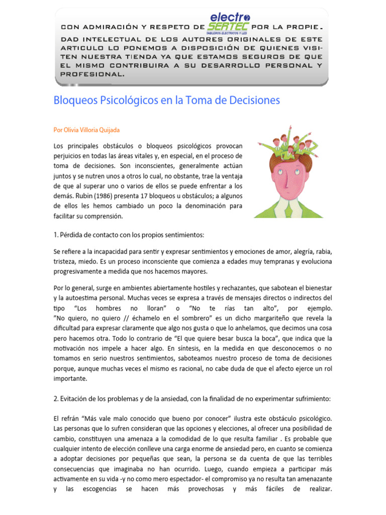 Bloqueos Psicológicos en Decisiones | PDF | Toma de decisiones | Autoestima