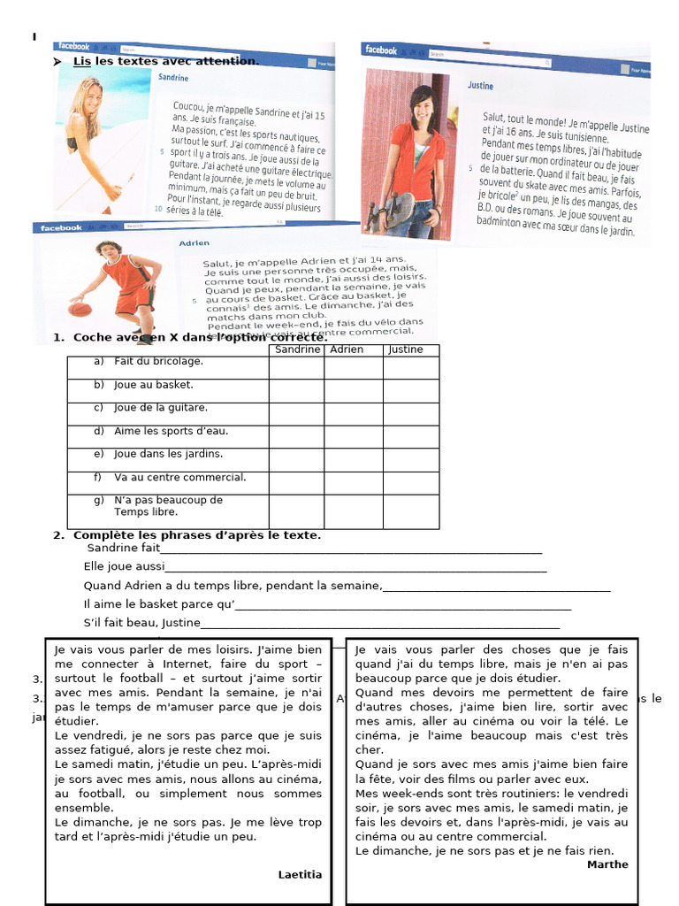 Compréhension écrite sur les loisirs | PDF