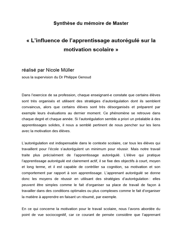 Apprentissage autorégulé et motivation scolaire | PDF | Motivation ...