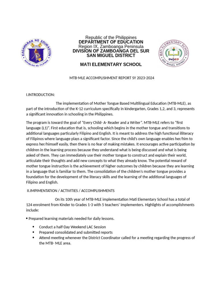 MTB Mle Accomplishment Report | PDF | Literacy | First Language