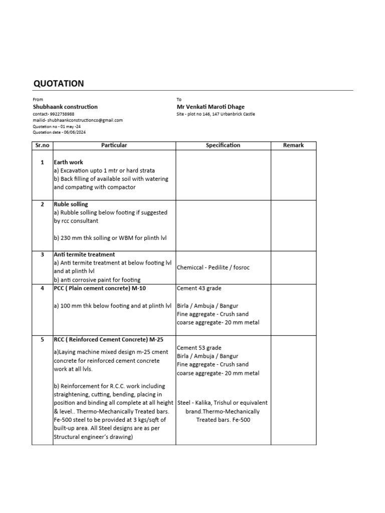 Construction Quotation and Specifications | PDF | Plaster | Concrete
