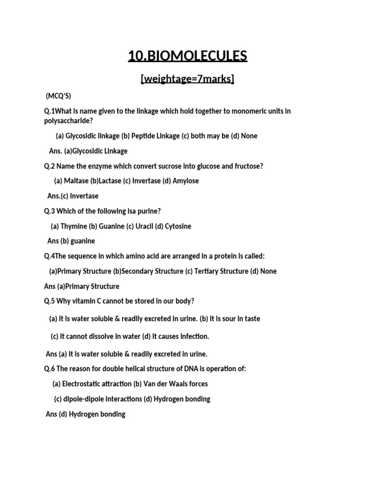 Understanding Biomolecules: MCQs and Answers | PDF | Carbohydrates | Dna
